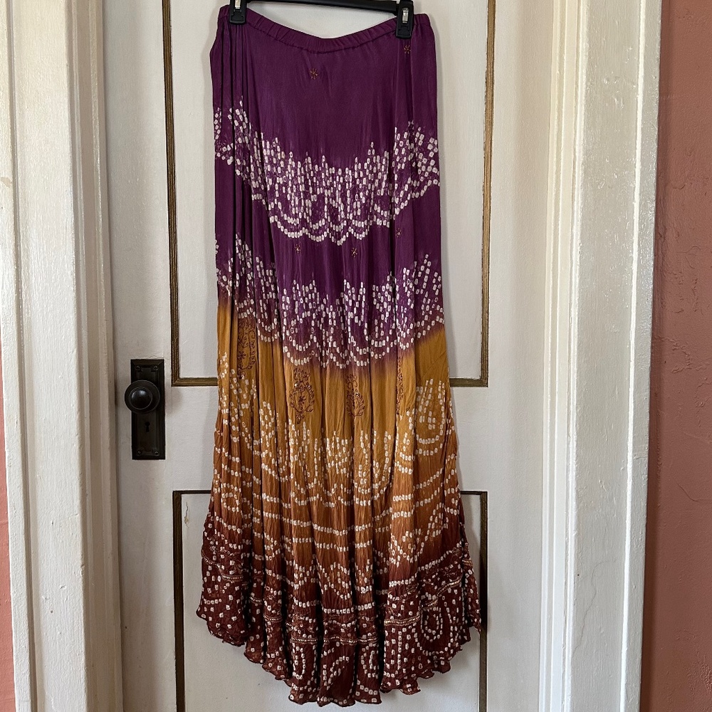 Vintage Boho Gypsy Batik Maxi Skirt - Purple and Gold - Size M
